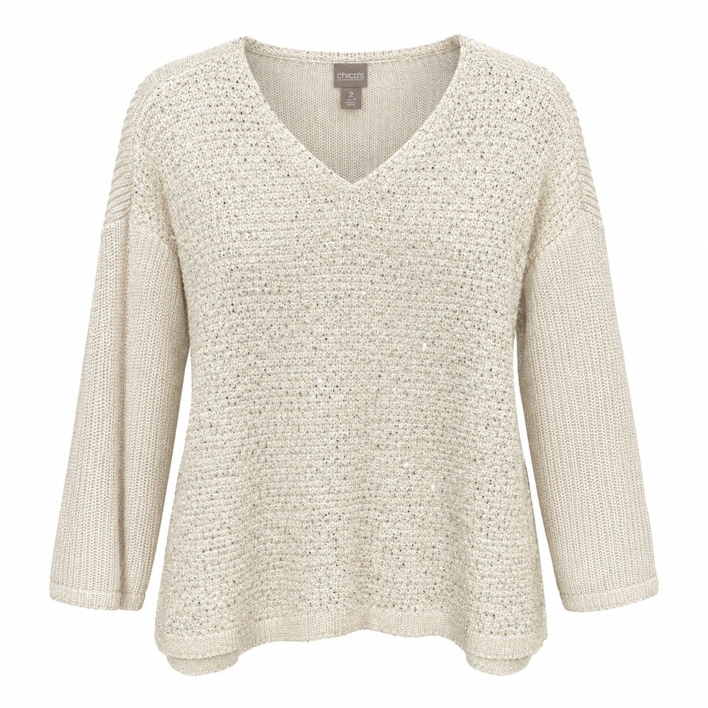 Chicos Size 2 Coquette Soft Glam Sequin Sweater Women Large Balletcore Shimmery